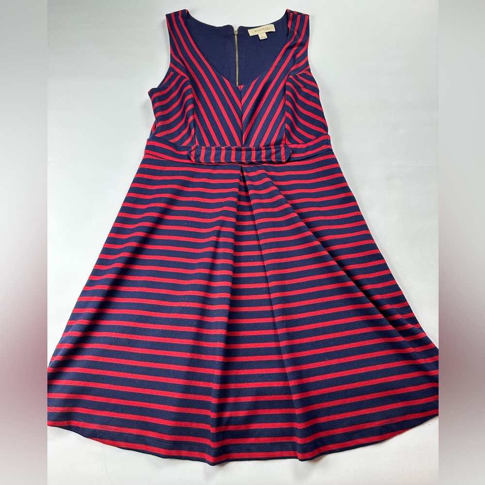 Red and navy blue striped fit and flare dress. Flattering fit. Size L